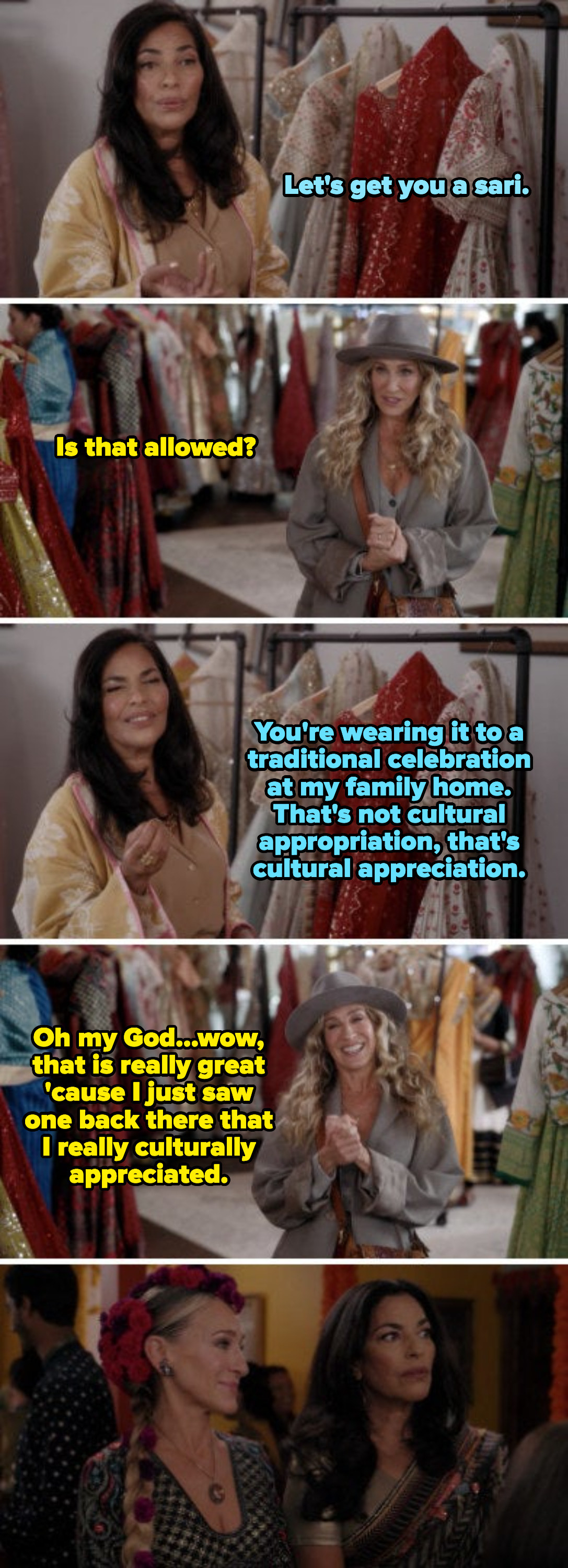 Seema: &quot;You&#x27;re wearing it to a traditional celebration at my family home. That&#x27;s not cultural appropriation, that&#x27;s cultural appreciation&quot; Carrie: &quot;Wow, that is really great&quot;