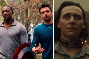 Sam Wilson walks beside Bucky Barnes and a close up of Loki with a bracelet around his neck