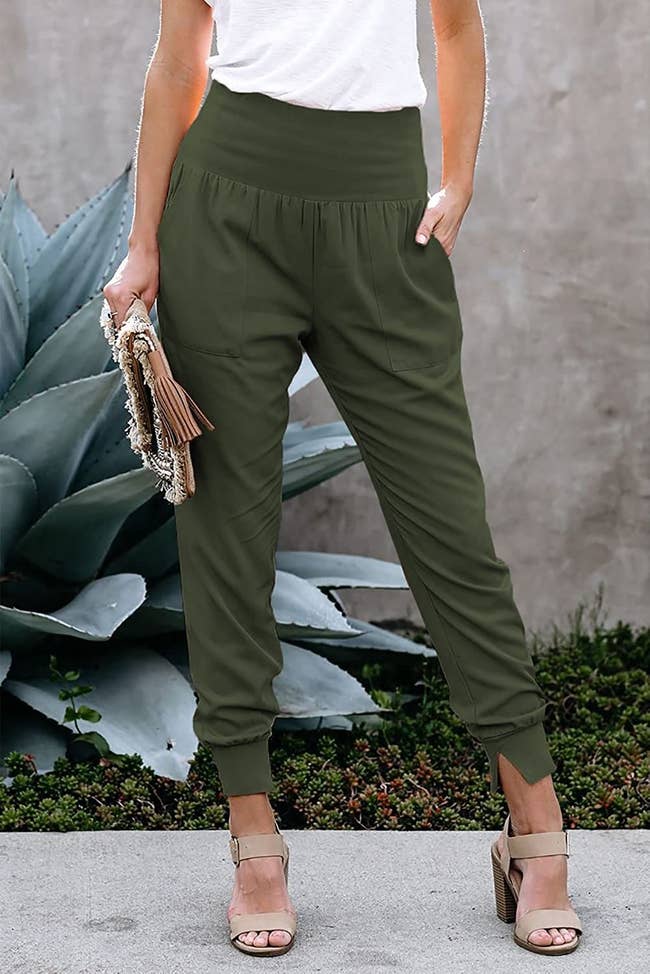 model wearing the khaki green pants