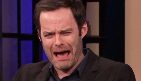 Bill Hader on a talk show with a yelling expression