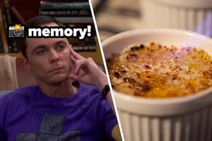 A close up of Sheldon Cooper as he holds two fingers to his temple and a bowl of creme brulee