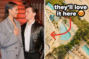 Zendaya and Tom Holland are on the left with a pool on the right labeled, "they'll love it here"