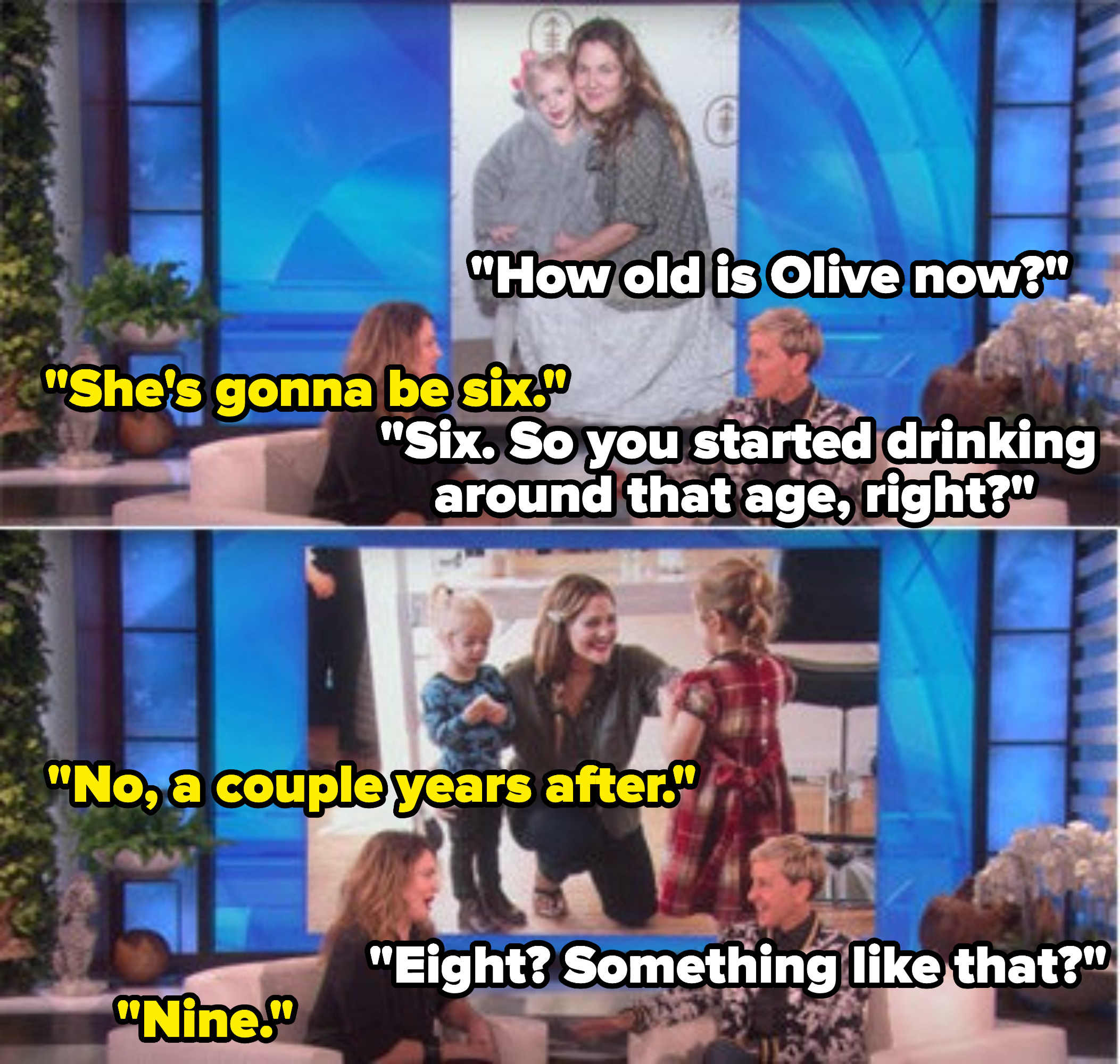 Ellen making jokes about Drew Barrymore drinking as a child
