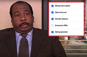 Stanley from The Office sitting blankly next to a screenshot of common pet peeves