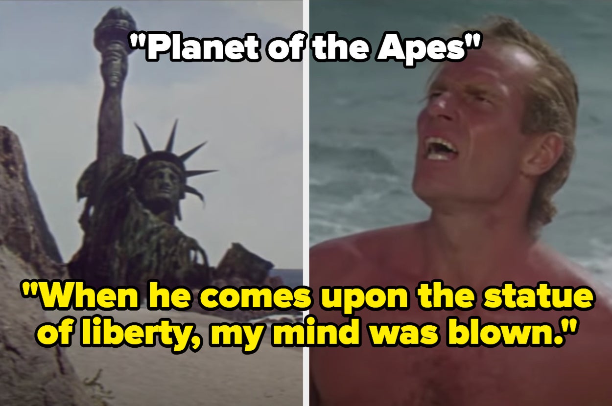 Taylor seeing the statue of liberty in planet of the apes with the caption "When he comes upon the statue of liberty, my mind was blown"