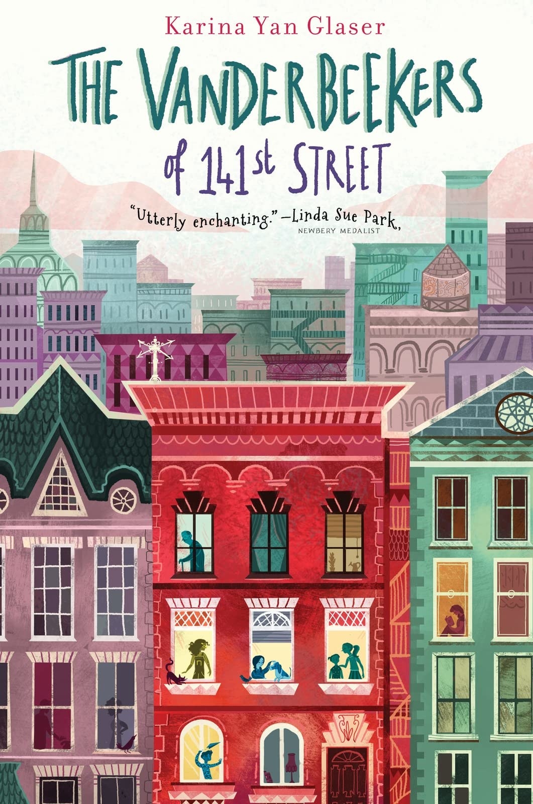 A colorful illustrated picture of New York City. A red building is in the center of the cover. From the windows you can see five children. An older man is in the top lefthand window. The title reads: "The Vanderbeekers of 141st Street"