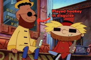 Gerald and Arnold sip some sodas on the sidewalk while wearing beards and playing hookey from school