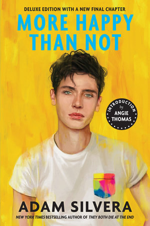 Painting of a guy in a white T-shirt against a yellow background for the book cover of More Happy Than Not by Adam Silvera