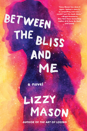 Silhouette of a woman&#x27;s profile in yellow, purple, and pink for the book cover of Between the Bliss and Me by Lizzy Mason