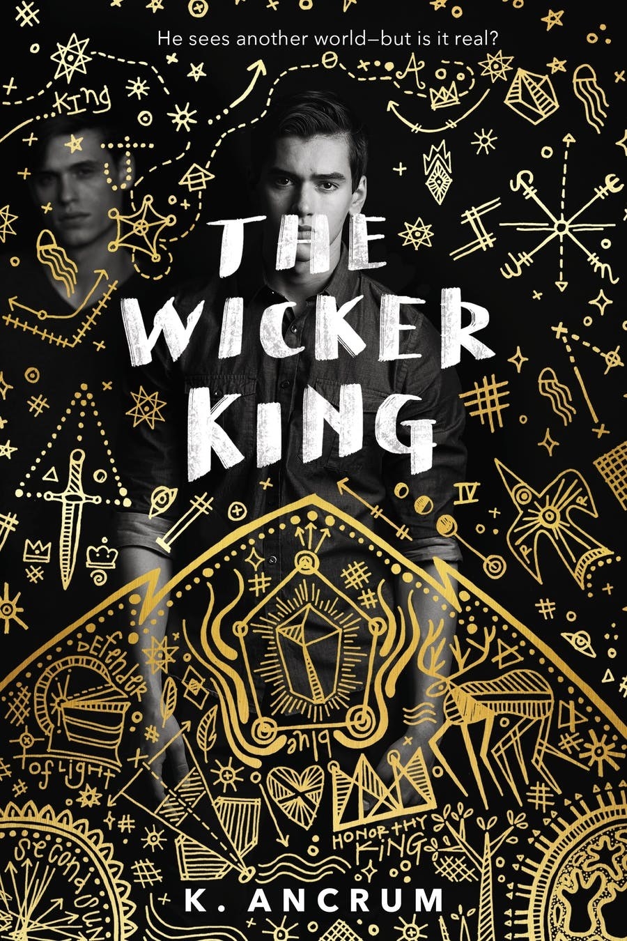 Portrait of a guy against a black backdrop with yellow illustrations imposed on the photo for the book cover of The Wicker King by K. Ancrum