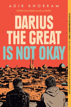Colorful illustration of a two men sitting down overlooking a city for the book cover of Darius the Great is Not Okay by Adib Khorram