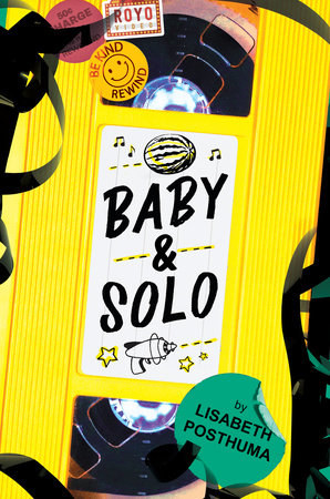 Illustration of a yellow VHS tape with film unraveling for the book cover of Baby &amp;amp; Solo by Lisabeth Posthuma