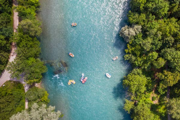 High angle view of people on boats in river