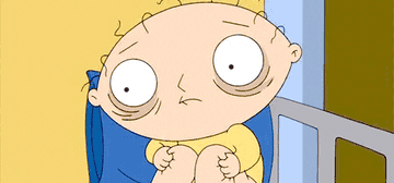 Baby Stewie from &quot;Family Guy&quot; rocks back and forth in his crip with heavy bags under his eyes