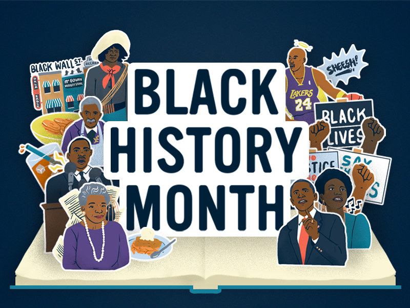 banner that says &quot;black history month&quot; and features illustrations of MLK Jr., Maya Angelou, Barack Obama, and more