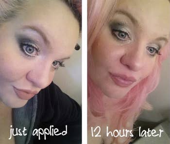 reviewer with just applied makeup and then the makeup still looking great 12 hours later