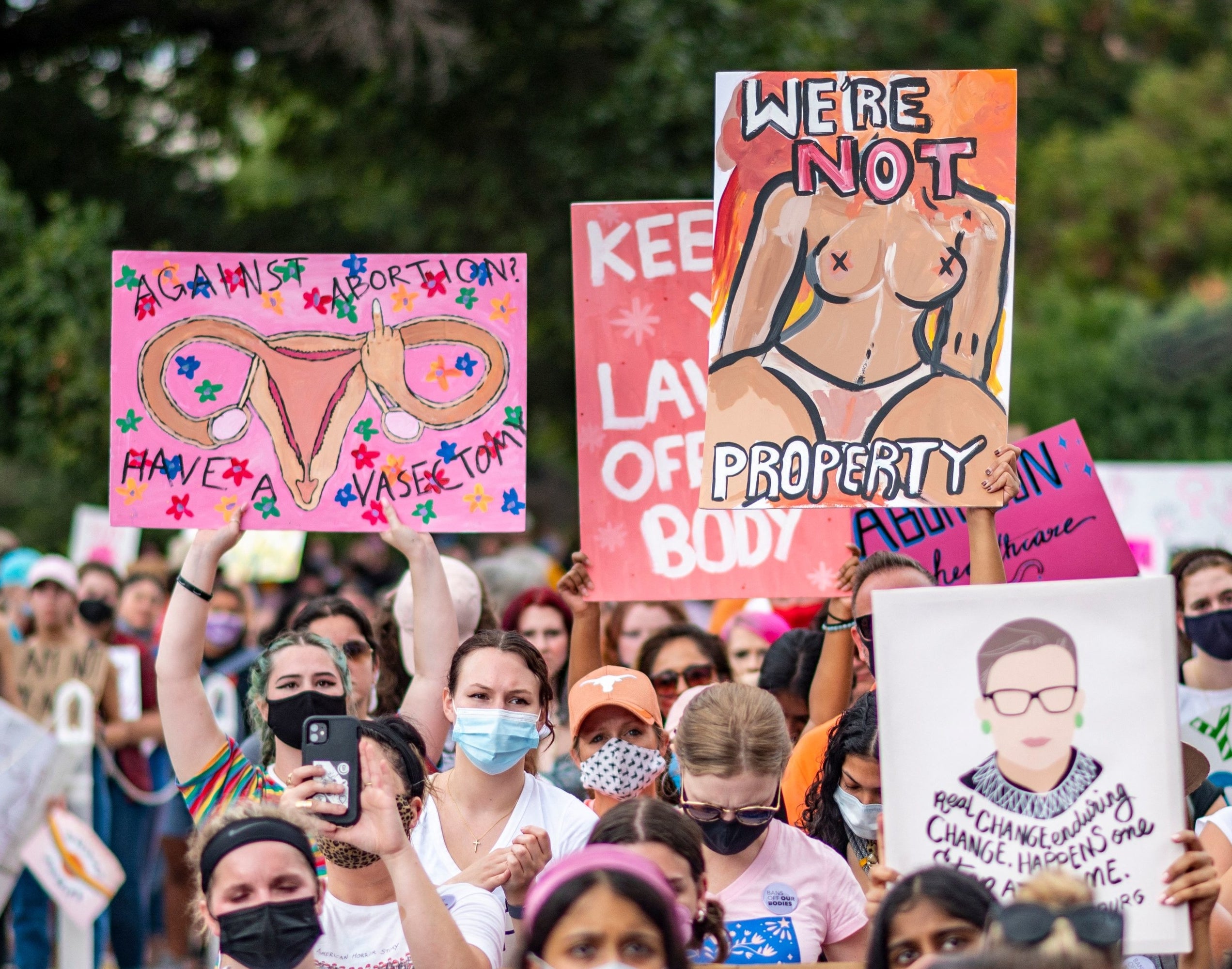 Protesters take part in the Women's March and Rally for Abortion Justice in Austin, Texas, on October 2, 2021