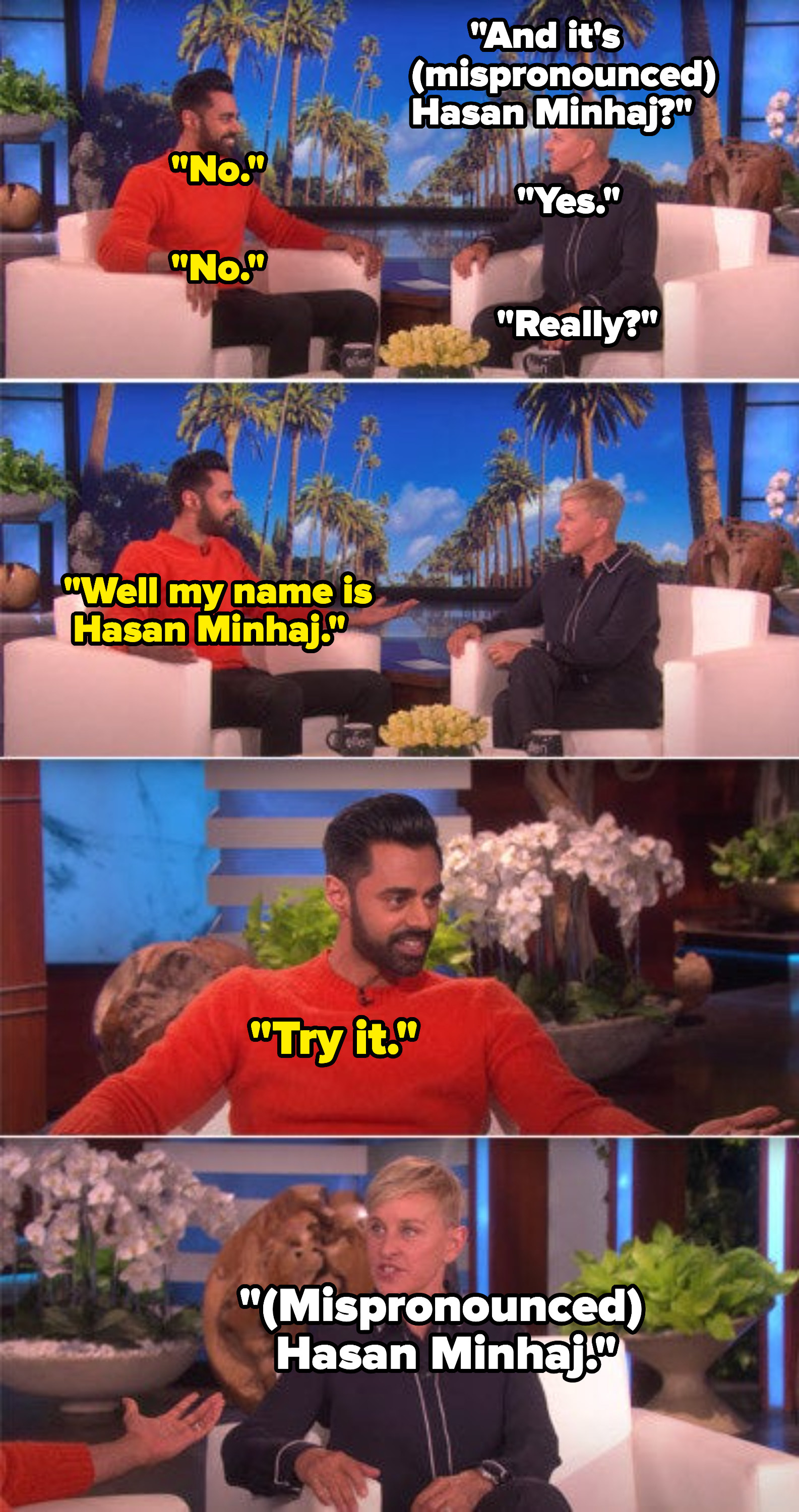 Ellen purposely mispronouncing Hasan&#x27;s name for laughs