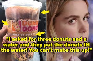 A dunkin donuts cup of water with three donuts stuffed into it