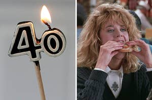 On the left, a lit number 40 candle, and on the right, Sally from When Harry Met Sally eating a sandwich