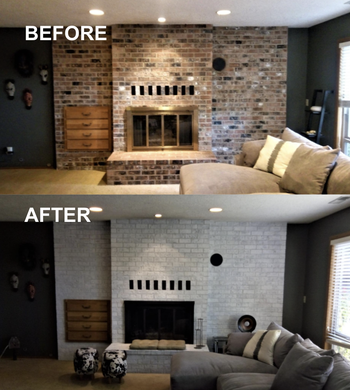 A customer review before and after photo showing the brick around their fireplace going from red to white