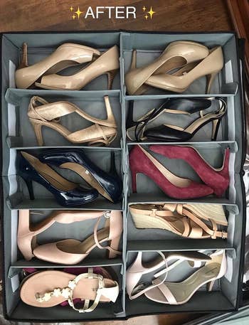 a reviewer photo of the shoes reorganized in the new under-bed storage drawers labeled 