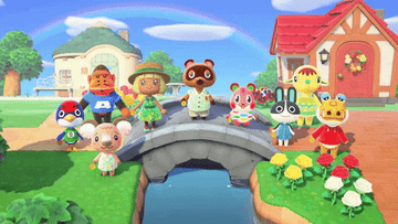 Villagers from the game &quot;Animal Crossing&quot; stood on a bridge throwing confetti in unison