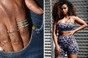 Hand wearing a turquoise ring and model wearing a blue leopard bike short and bra set