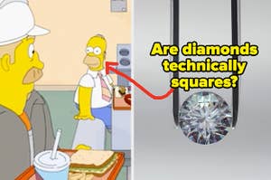 Homer Simpson pats the empty seat on the lunch bench next to him and a single diamond is being held between two prongs