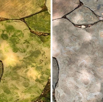 reviewer before and after showing a mold covered stone patio next to one that's mold-free after being sprayed with the cleaner