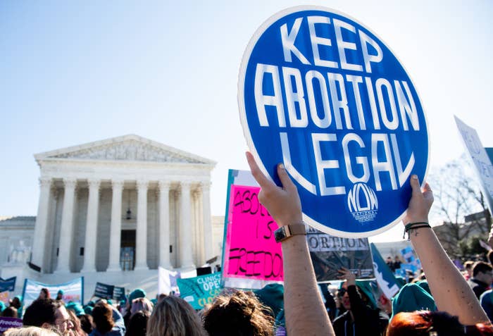 Pro-choice activists supporting legal access to abortion protest during a demonstration outside the US Supreme Court in Washington, DC, March 4, 2020