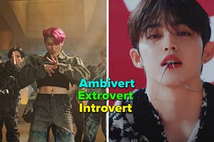 K-Pop musicians are in a music video labeled, "Extrovert, introvert, ambivert"