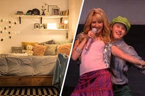 A bed sits under a string of fairy lights and Sharpay Evans sings with her brother Ryan