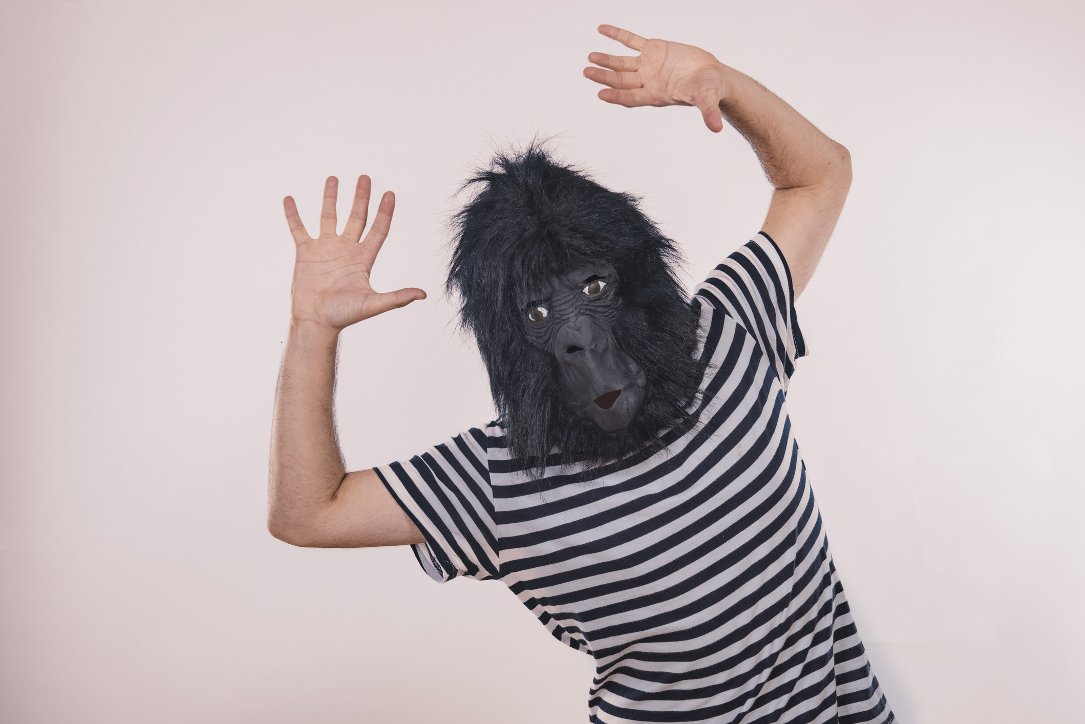A stock image of a person in a gorilla mask waving their hands