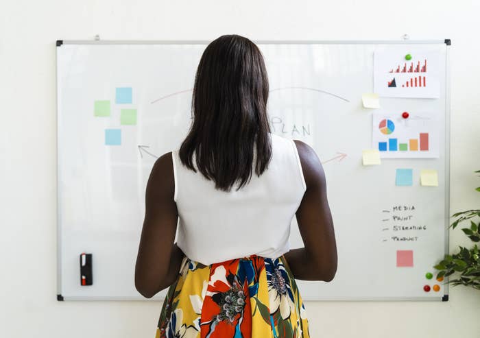 the back of a woman looking at a white board with charts on it