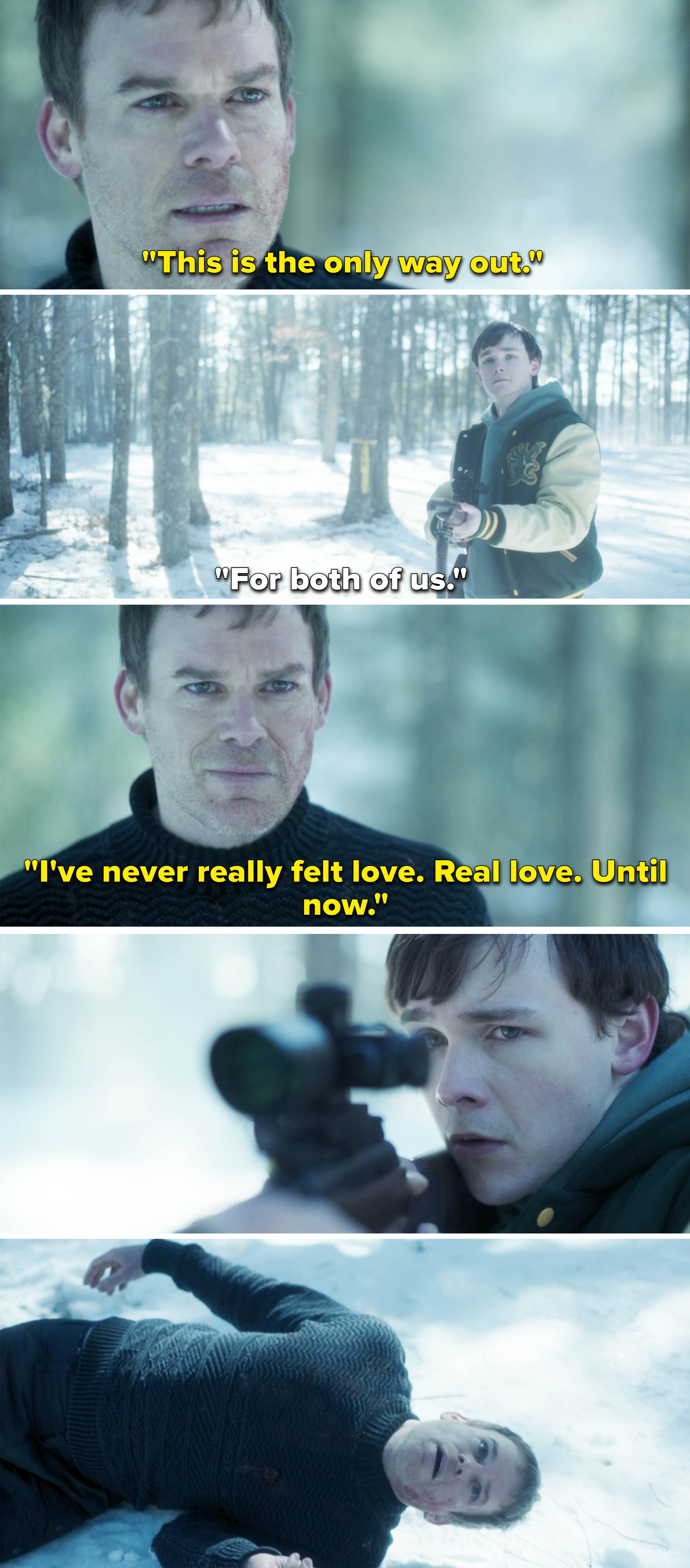 Dexter encouraging Harrison to shoot him and saying this is the first time he&#x27;s felt love