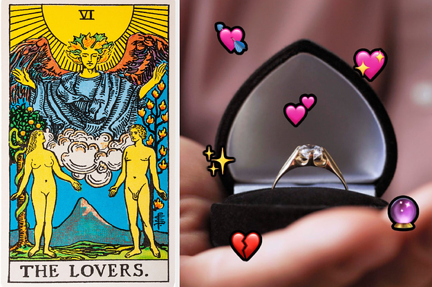The Lovers tarot card, an engagement ring, and various heart emojis and a crystal ball