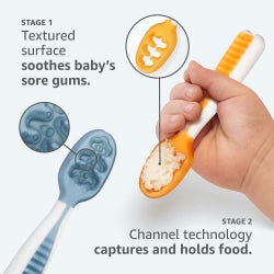 An infographic showing the Stage 1 spoon with a textured surface to soothe baby's sore gums and a Stage 2 spoon with channels to capture and hold food