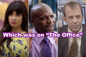Tahani from The Good Place, Terry from Brooklyn 99, and Toby from the Office with a question asking who was in The Office