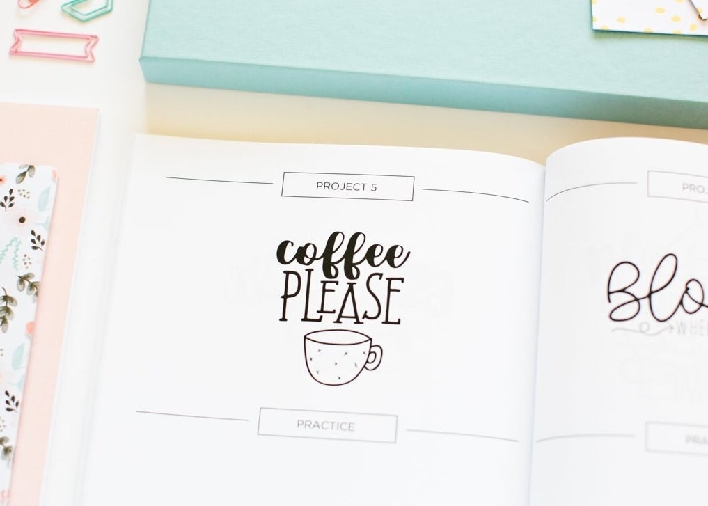 Another page from the calligraphy book with an exercise for the words coffee please