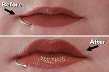 Close-up of before and after of reviewer using lip plumping gloss