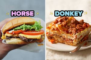 On the left, someone holding a cheeseburger labeled horse, and on the right, a piece of lasagna labeled donkey