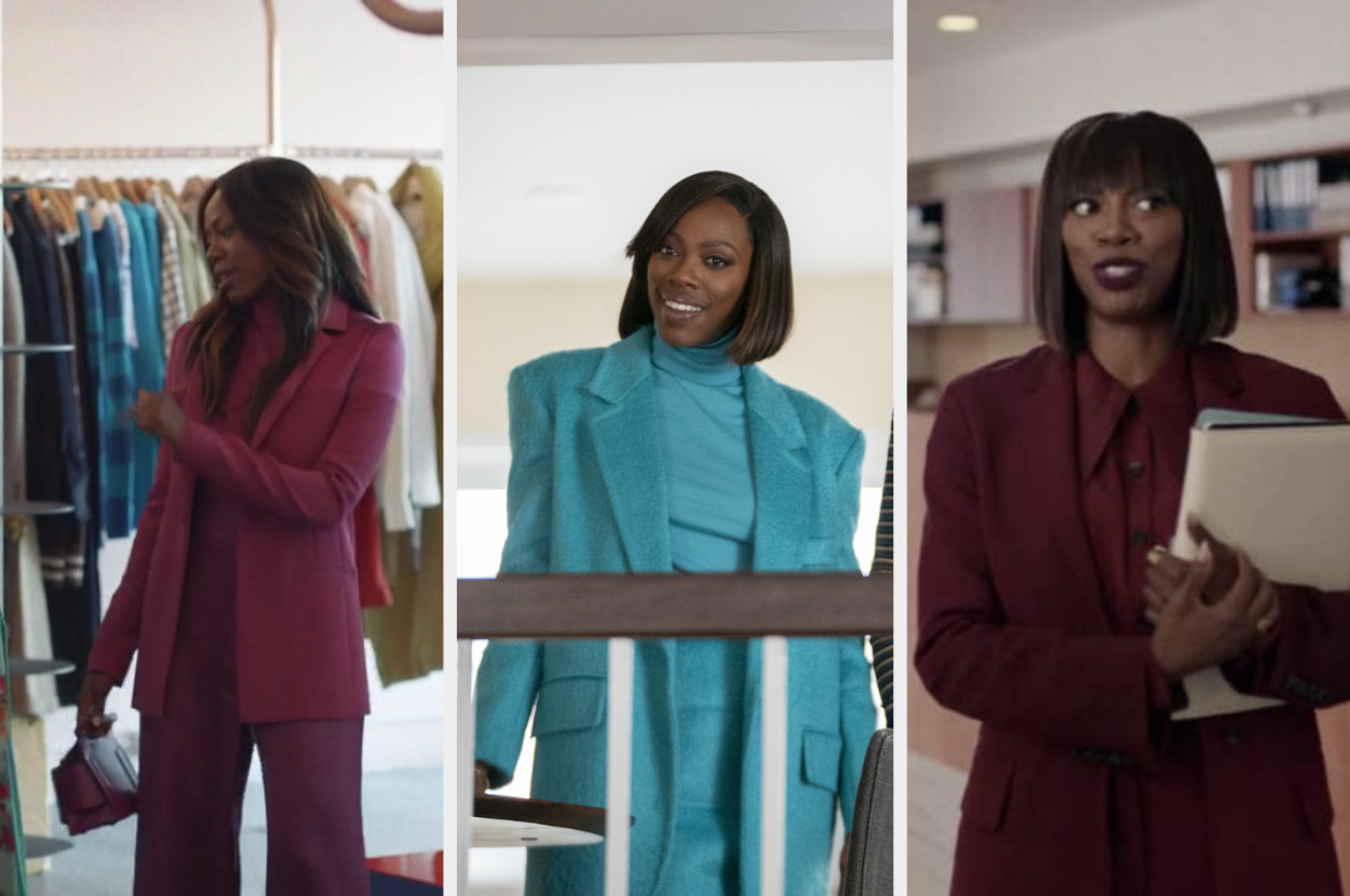 three images of molly in a magenta, teal, and maroon suit