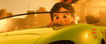 Slow-mo closeup of Vanellope driving her race car