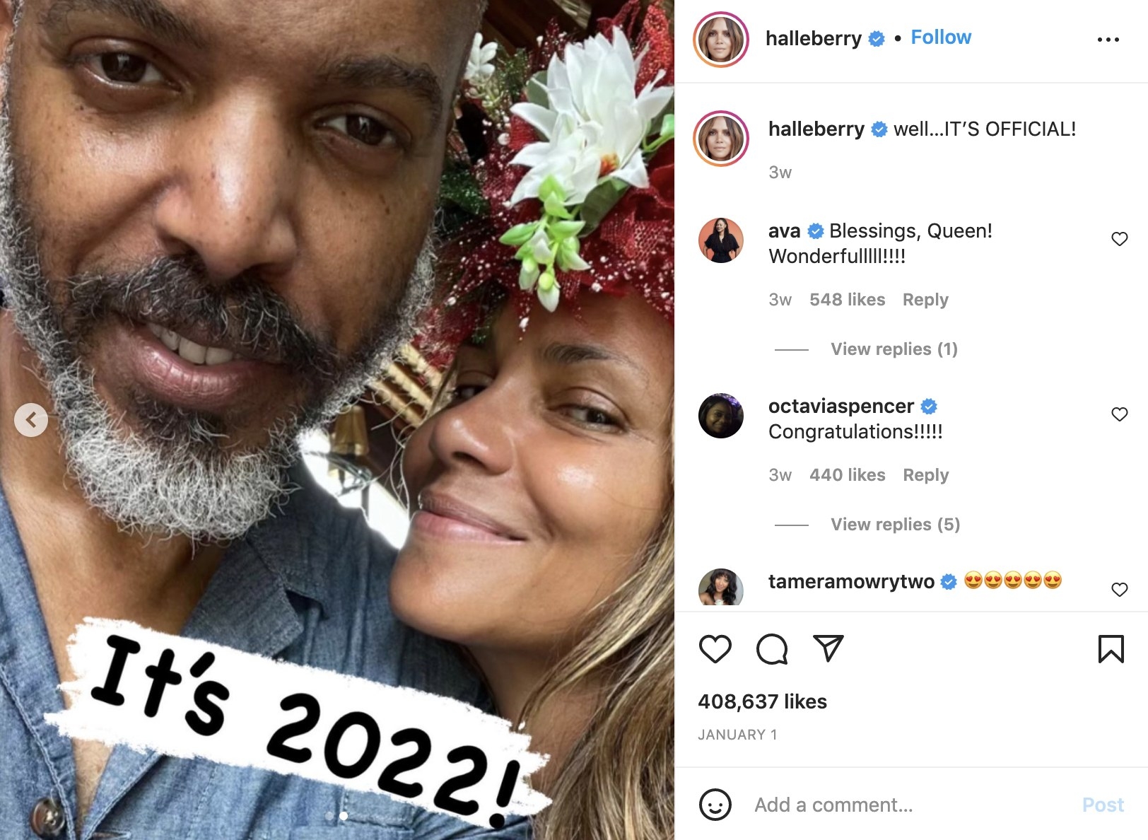 A screenshot of Halle and Van&#x27;s selfie which says &quot;It&#x27;s 2022&quot; on top