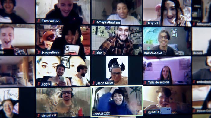 A video call featuring grids of different Charli XCX fans gathering online.