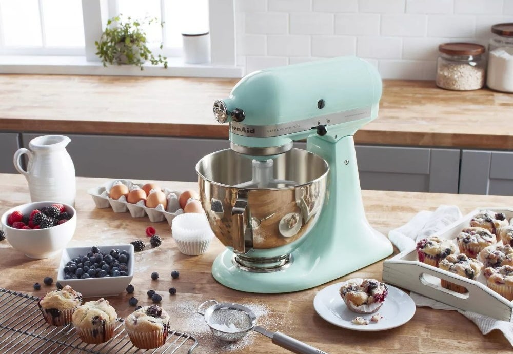 The stand mixer in the color Ice Blue