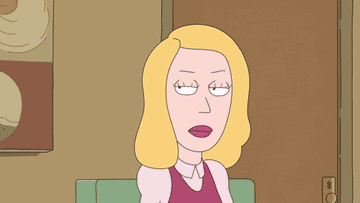 Beth rolls her eyes then narrows them on Rick and Morty