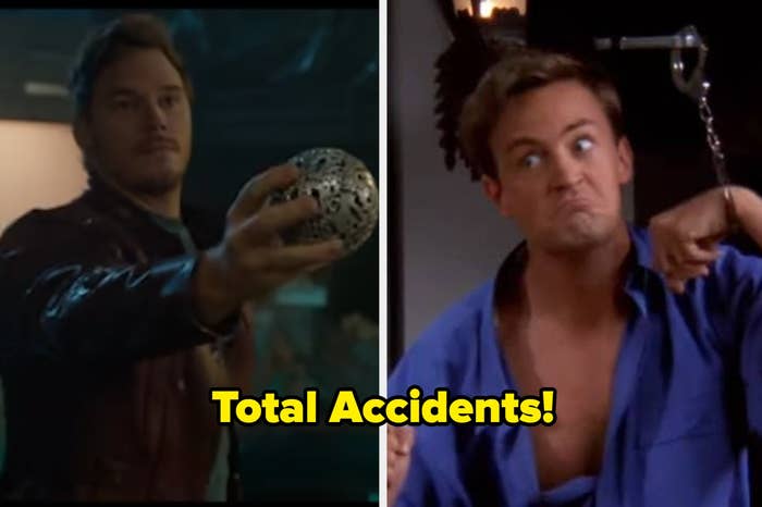 Peter holding out the Orb in "Guardians of the Galaxy"/Chandler handcuffed to a filing cabinet after the drawer hit his head in "Friends"