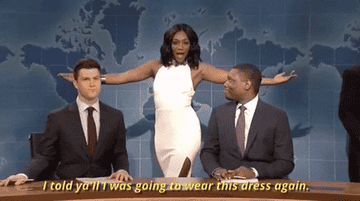 in a Weekend Update appearance, Tiffany Haddish says, &quot;I told y&#x27;all I was going to wear this dress again.&quot;
